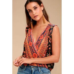 $78 Free People Havana Black Floral Print Sleeveless Surplice Top Size Medium